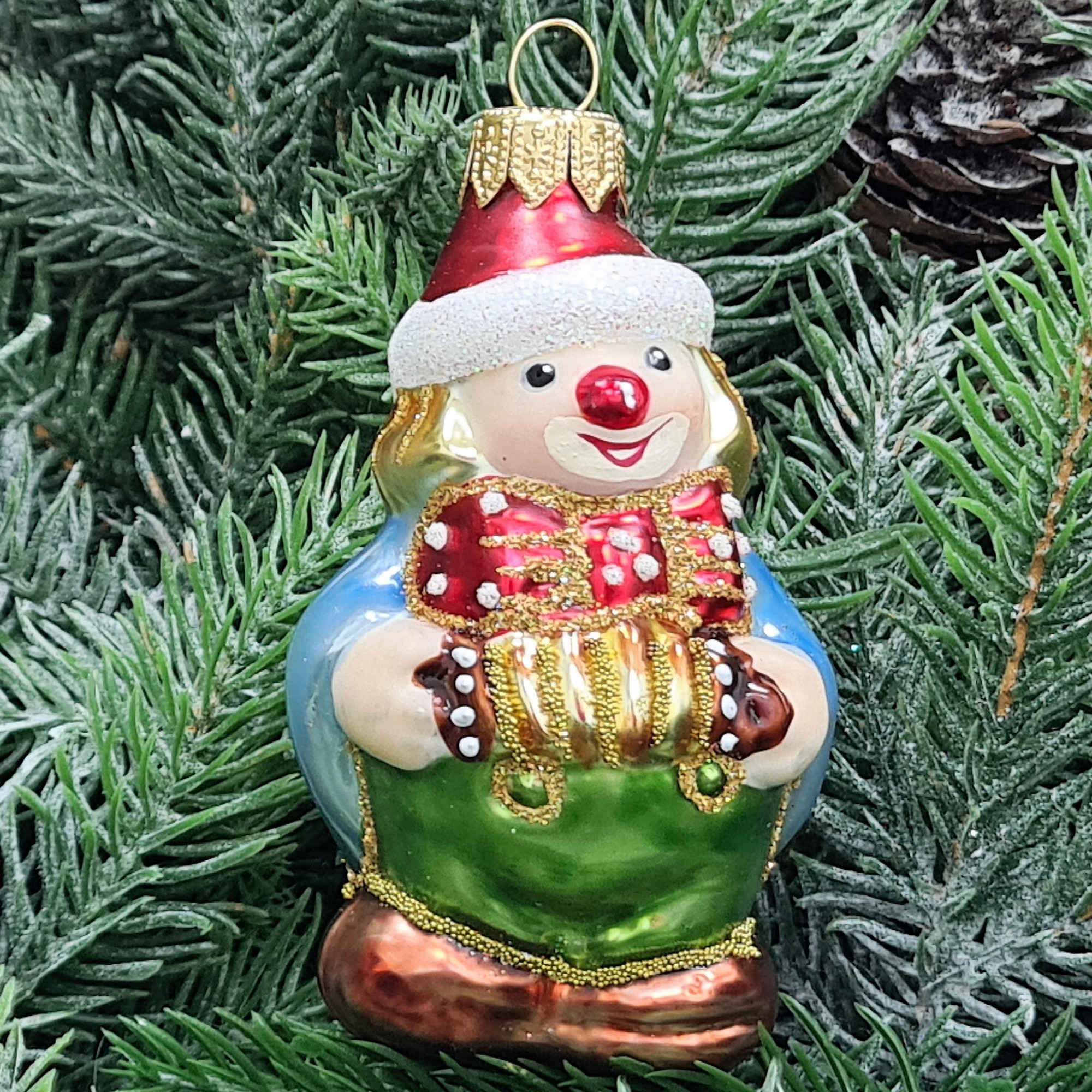 фото Стеклянная елочная игрушка Клоун с гармошкой