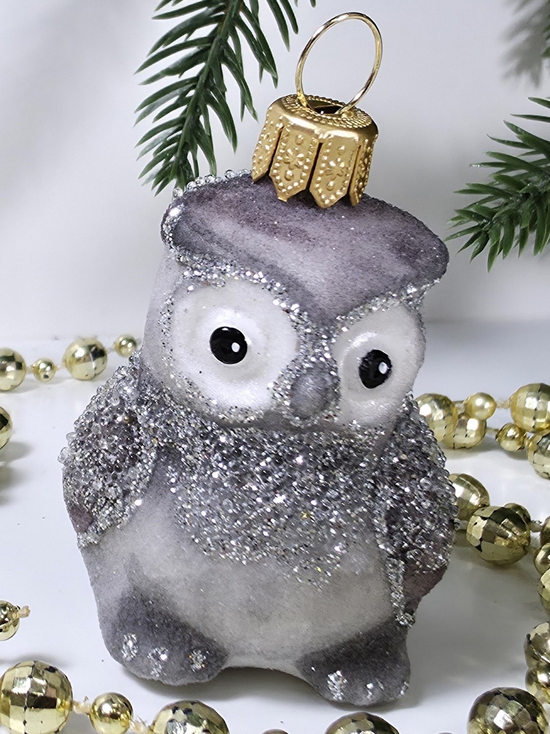 фото Стеклянная елочная игрушка Совушка серая