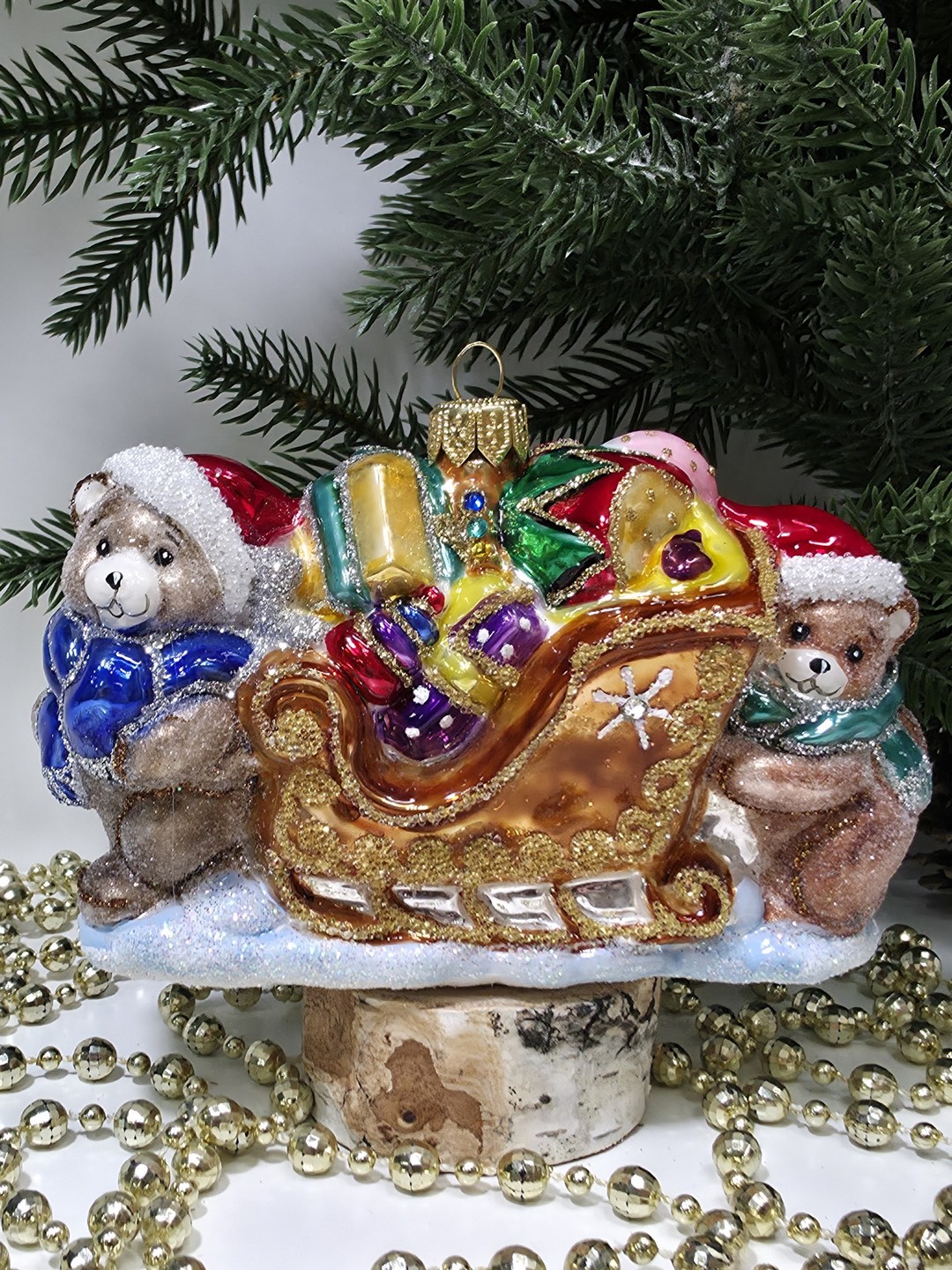 фото Стеклянная елочная игрушка Мишки тянут саночки