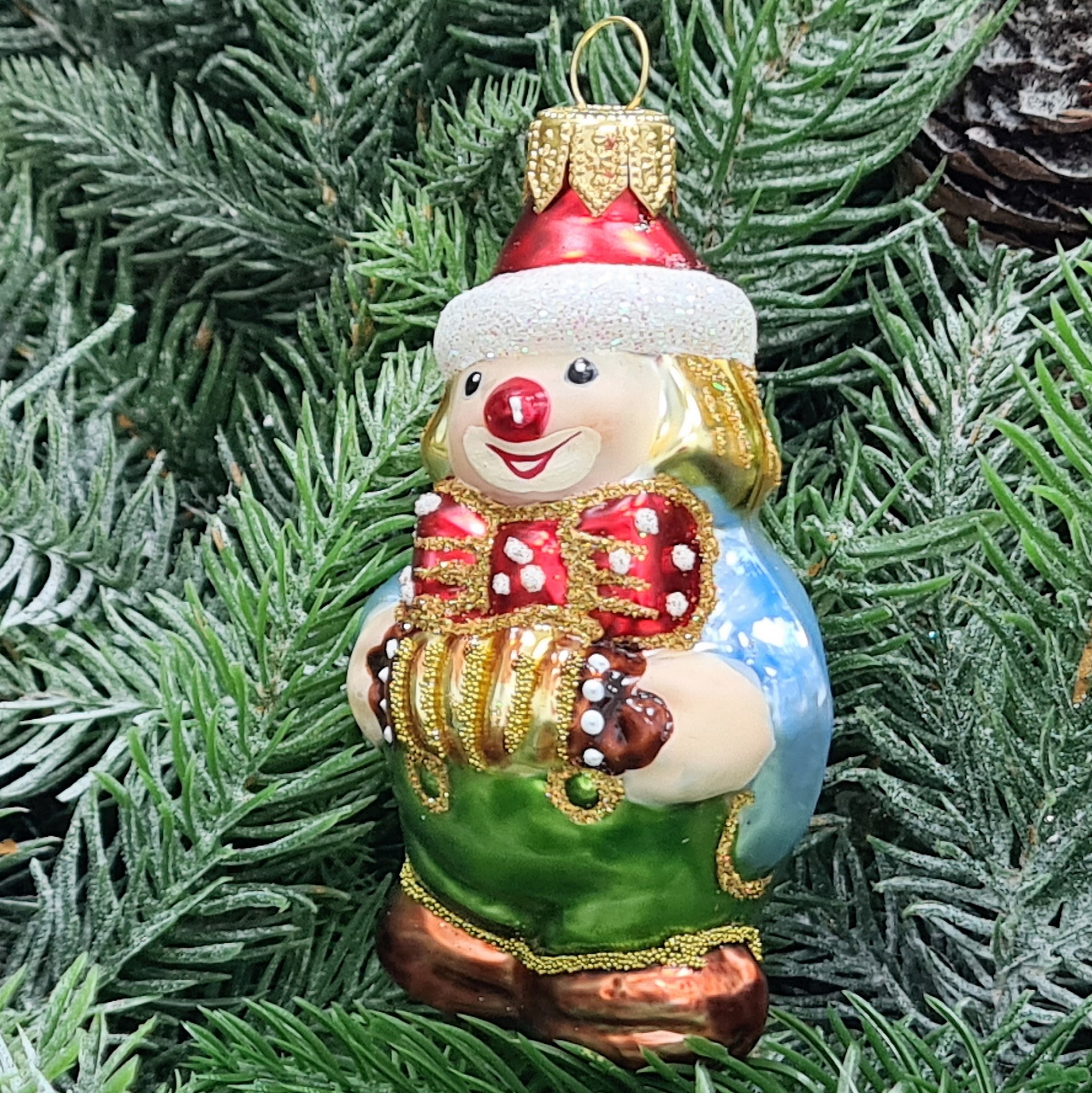 фото Стеклянная елочная игрушка Клоун с гармошкой