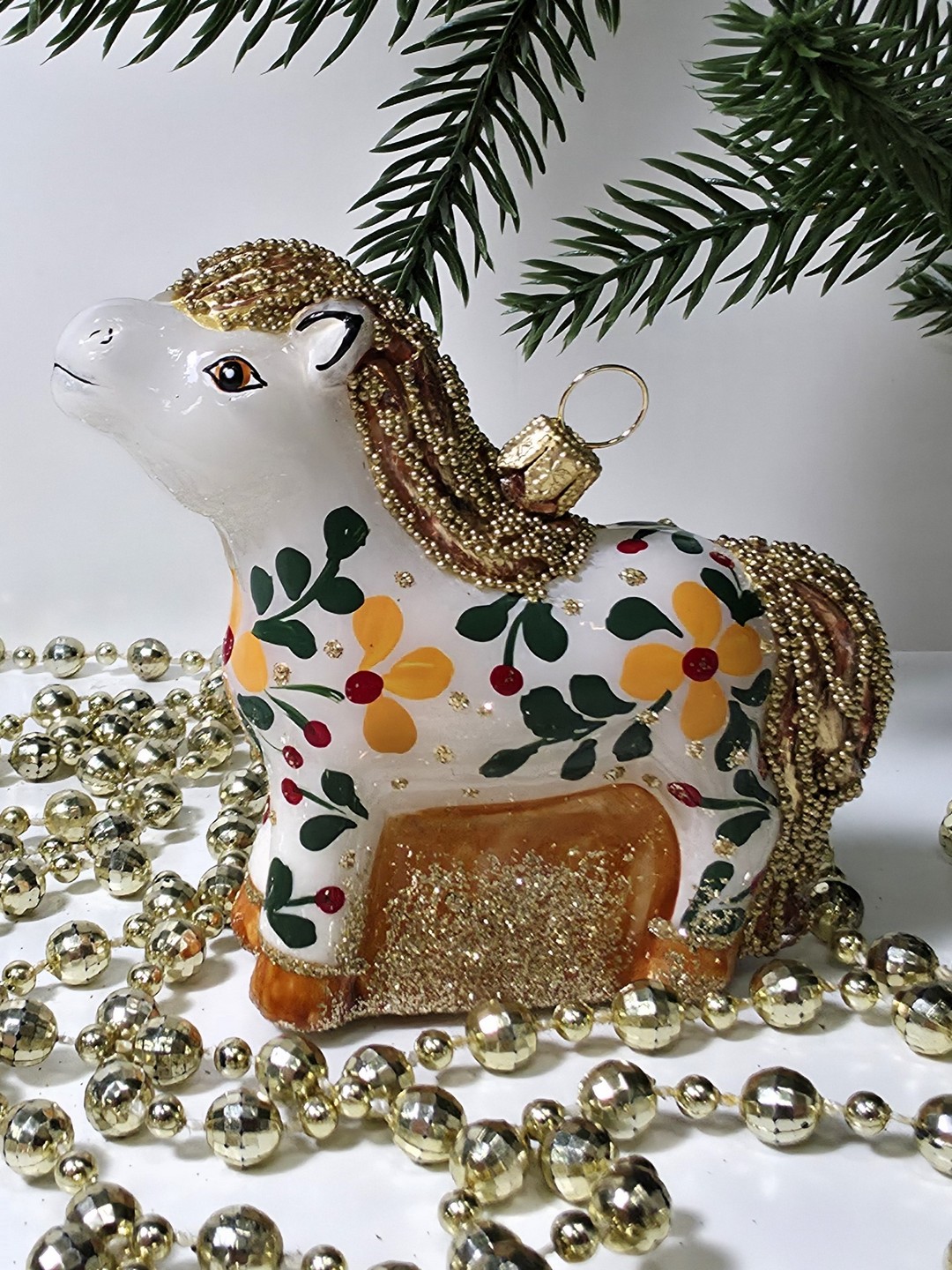 фото Стеклянная елочная игрушка Лошадка расписная