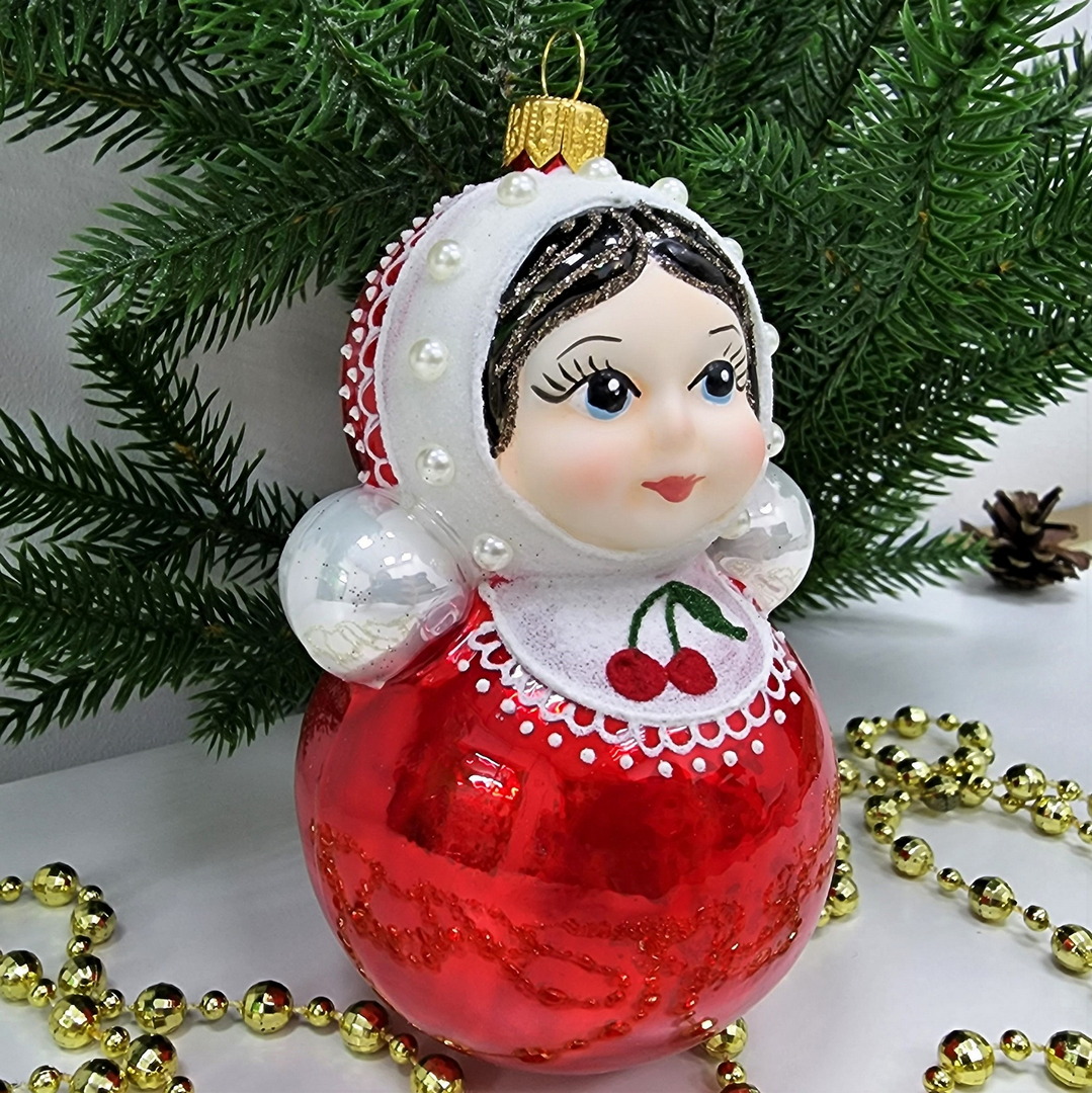 фото Стеклянная елочная игрушка Матрешка неваляшка