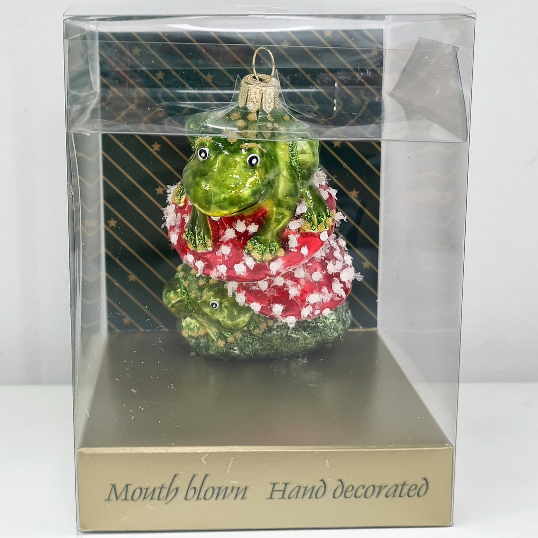 фото Стеклянная елочная игрушка Лягушки на мухоморах