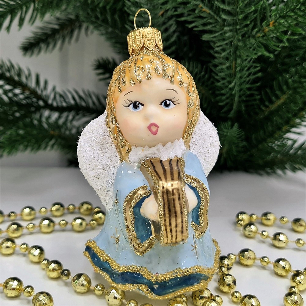 фото Стеклянная елочная игрушка Ангелочек с книгой