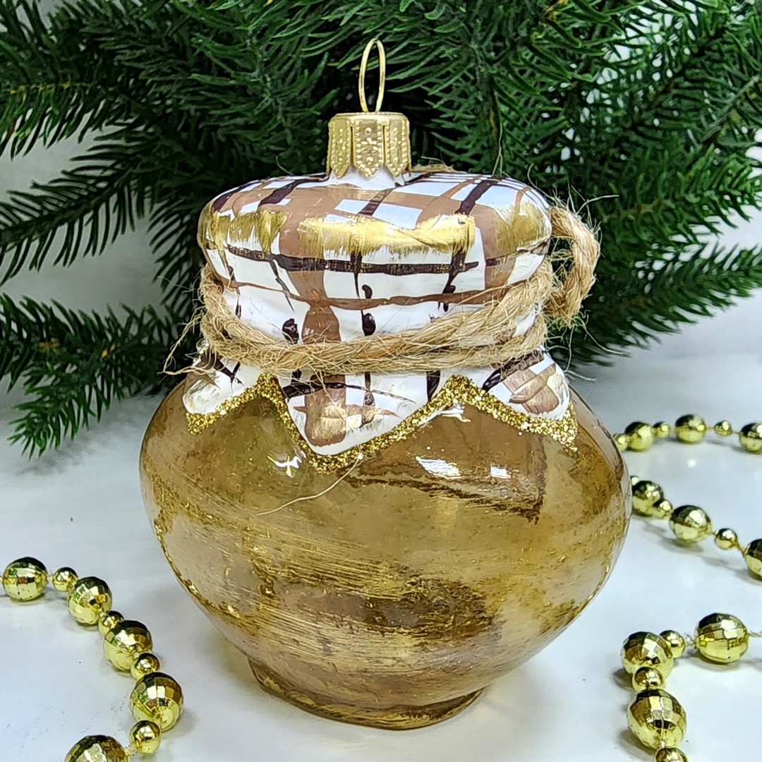 фото Стеклянная елочная игрушка Баночка мёда