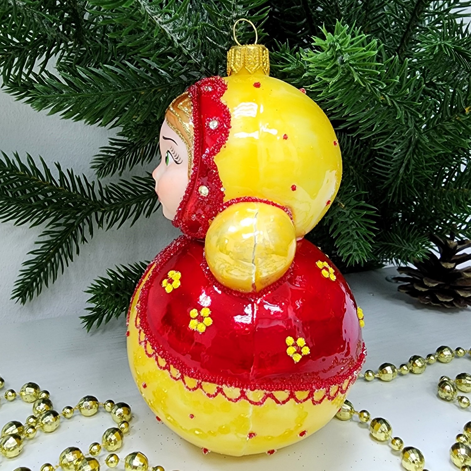 фото Стеклянная елочная игрушка Матрешка неваляшка