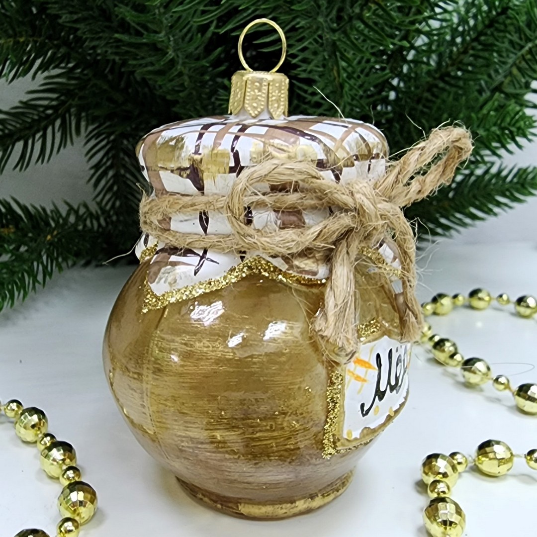 фото Стеклянная елочная игрушка Баночка мёда