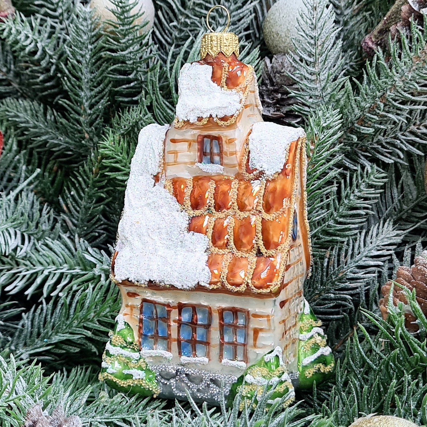 фото Стеклянная елочная игрушка Домик с острой крышей