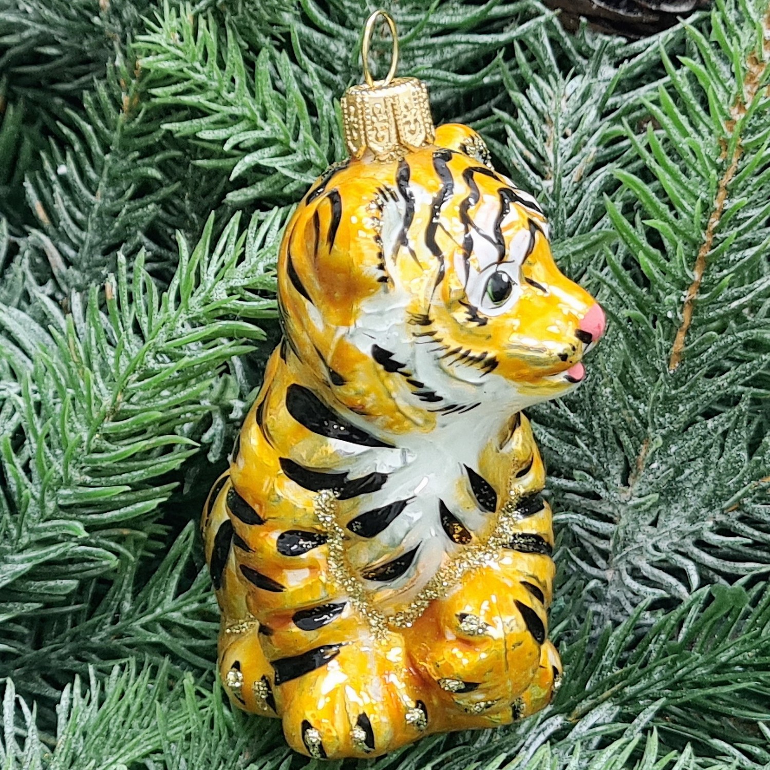 фото Стеклянная елочная игрушка Тигренок сидит