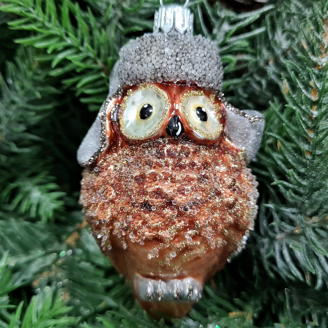 фото Стеклянная елочная игрушка Сова в ушанке-3