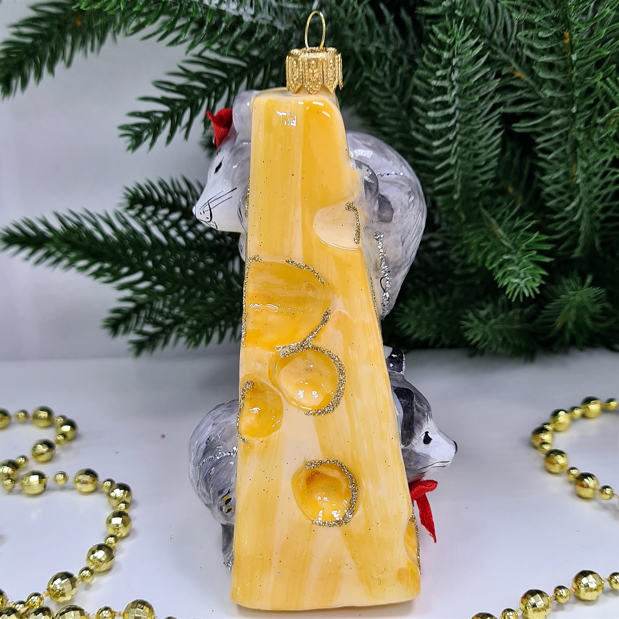 фото Стеклянная елочная игрушка Мышки в сыре