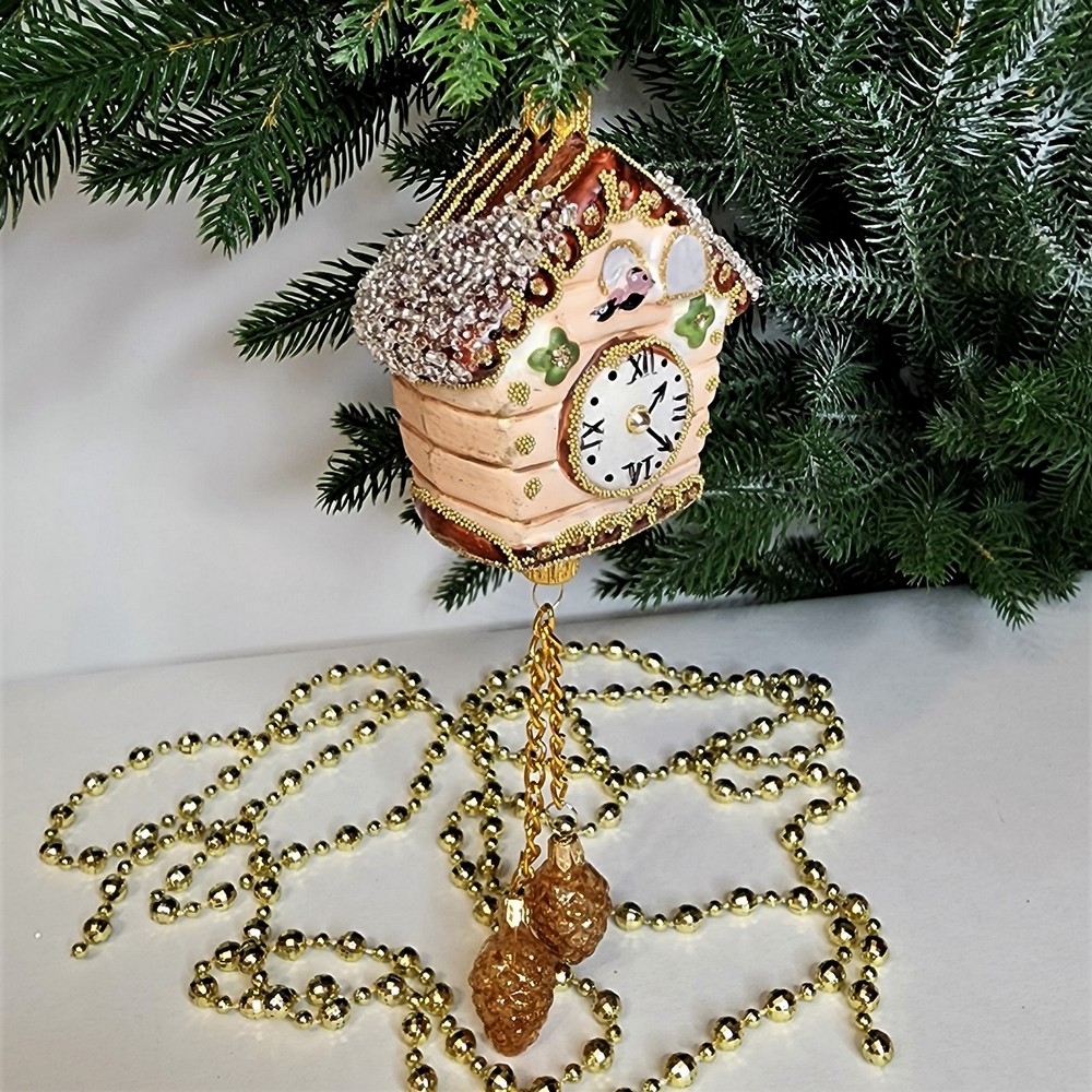 фото Стеклянная елочная игрушка Часы с кукушкой винтаж