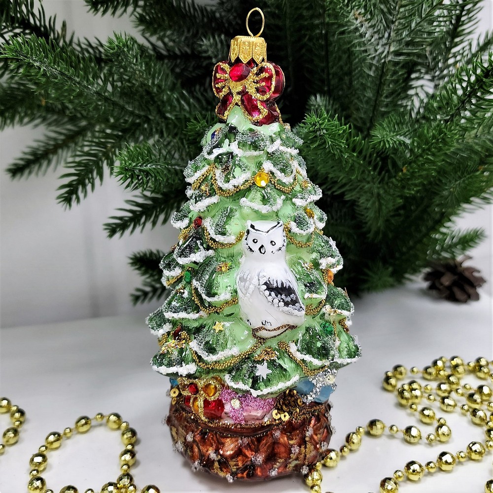 фото Стеклянная елочная игрушка Елка с совой и звездой