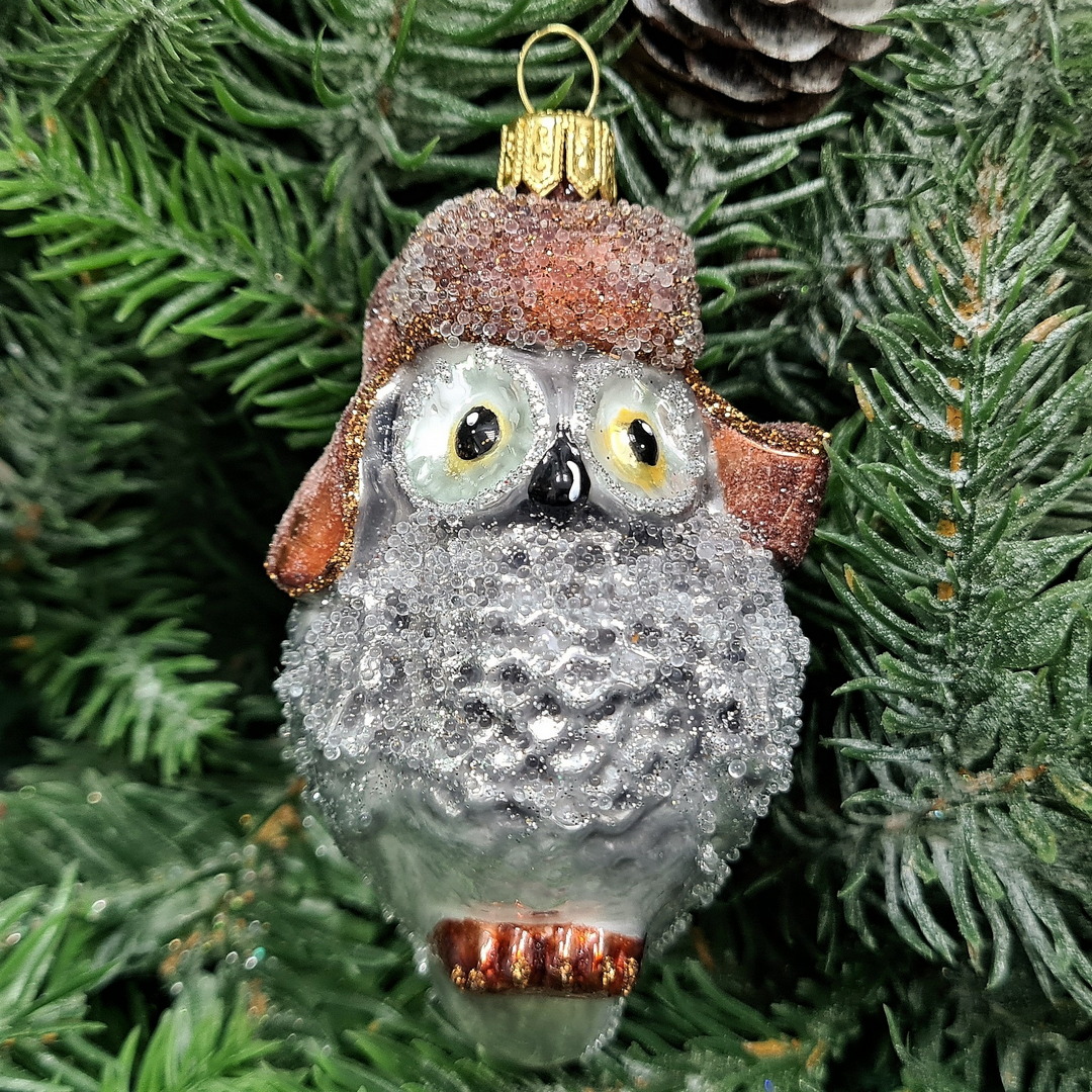 фото Стеклянная елочная игрушка Сова в ушанке-1
