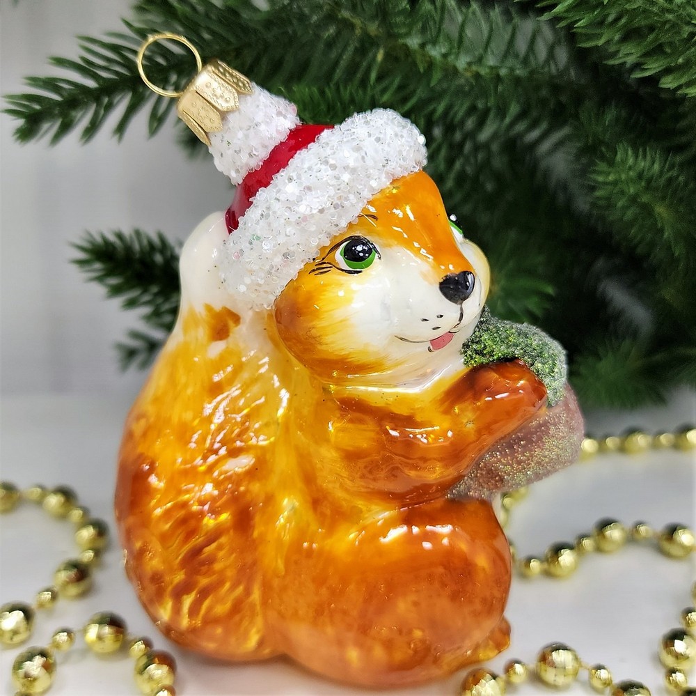 фото Стеклянная елочная игрушка Белочка с орехом