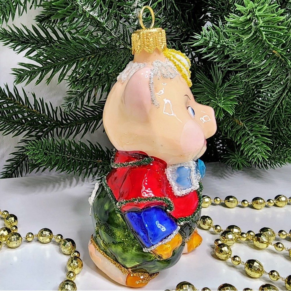 фото Стеклянная елочная игрушка Поросенок в шляпке