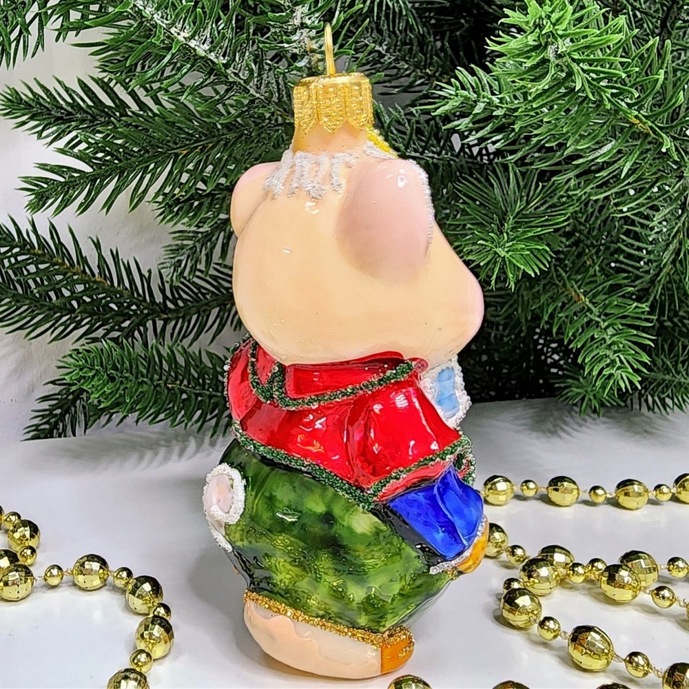 фото Стеклянная елочная игрушка Поросенок в шляпке