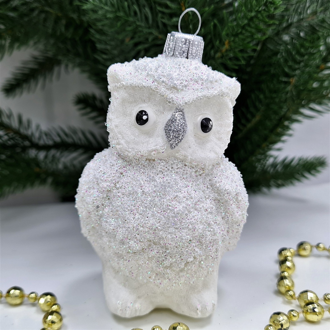 фото Стеклянная елочная игрушка Сова белая