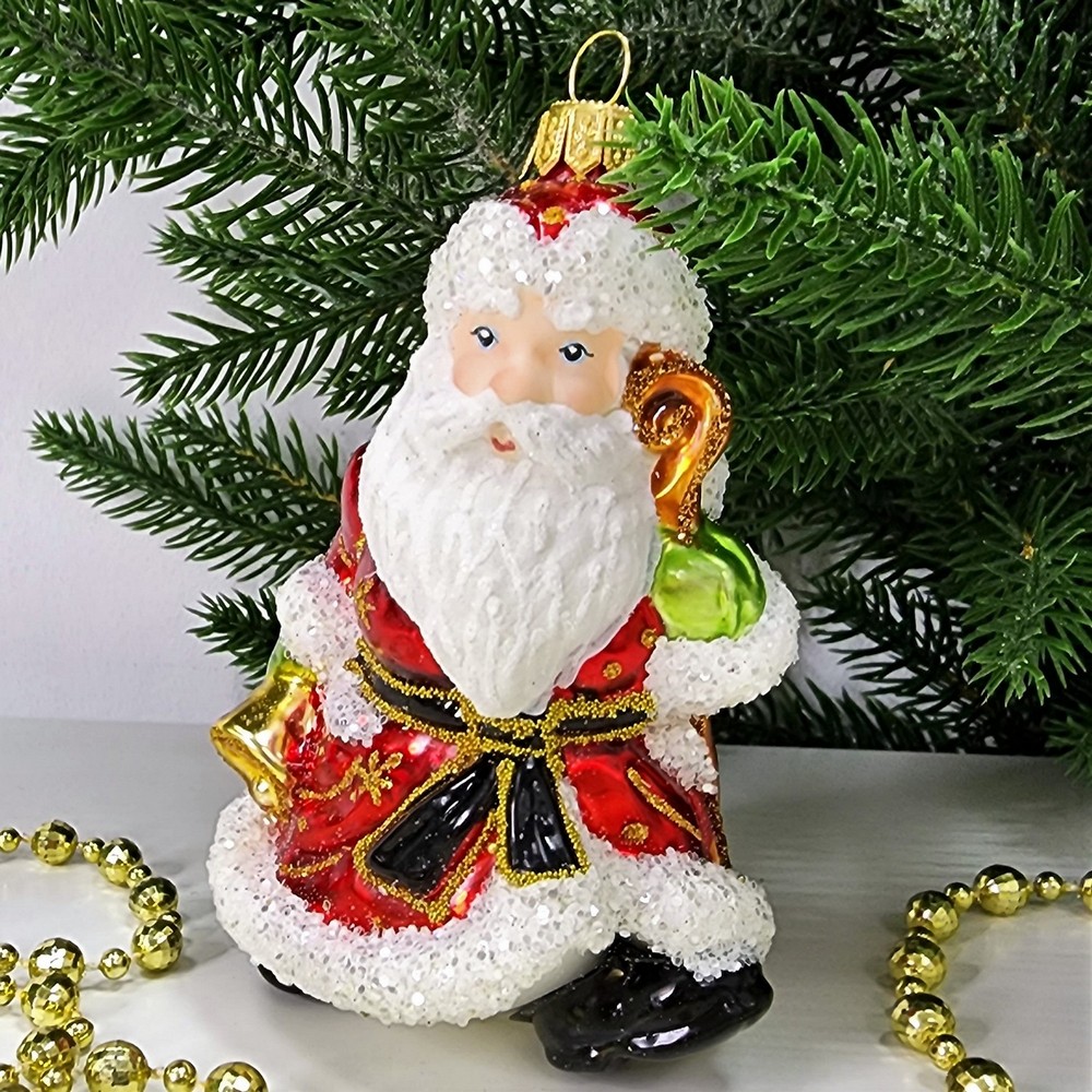 фото Стеклянная елочная игрушка Дед Мороз с колокольчиком