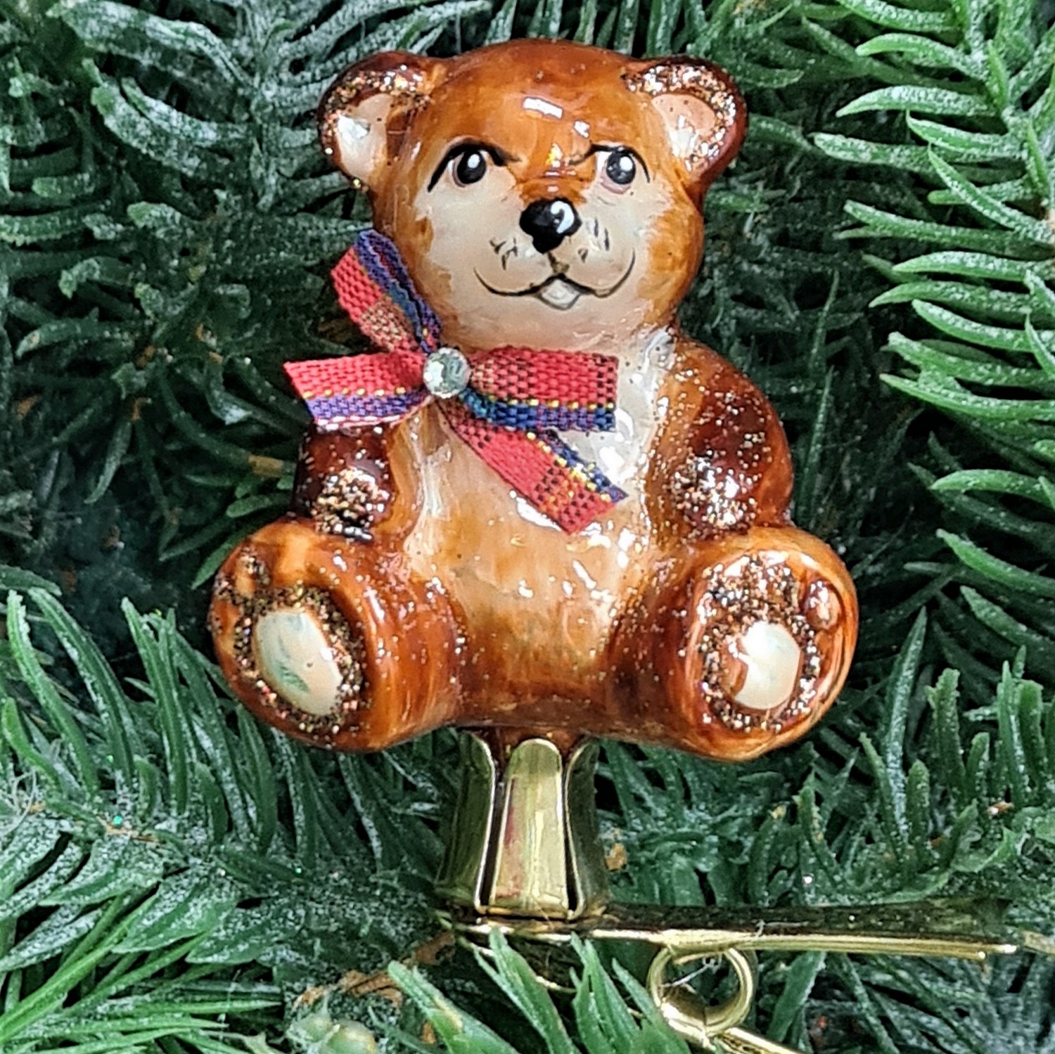 фото Стеклянная елочная игрушка Мишка на прищепке