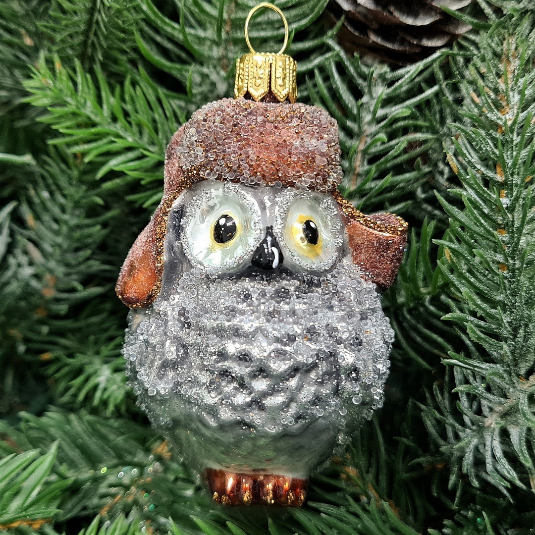 фото Стеклянная елочная игрушка Сова в ушанке-1