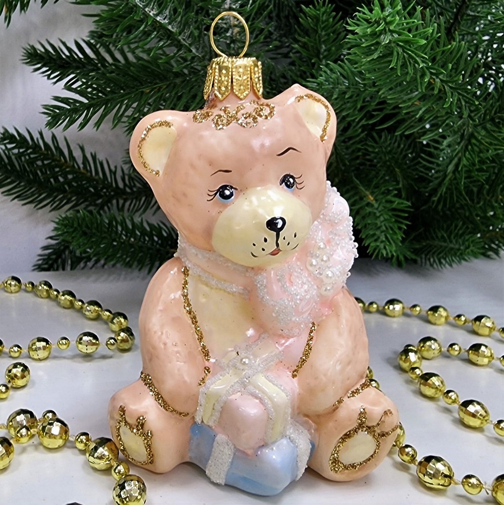 фото Стеклянная елочная игрушка Мишка с подарками детский