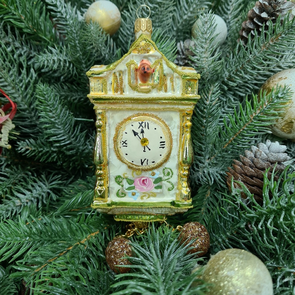 фото Стеклянная елочная игрушка Часы с кукушкой большие Версаль