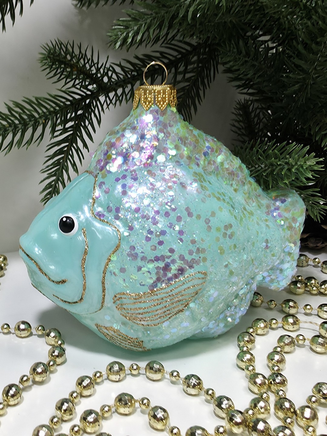 фото Стеклянная елочная игрушка Рыбка большая