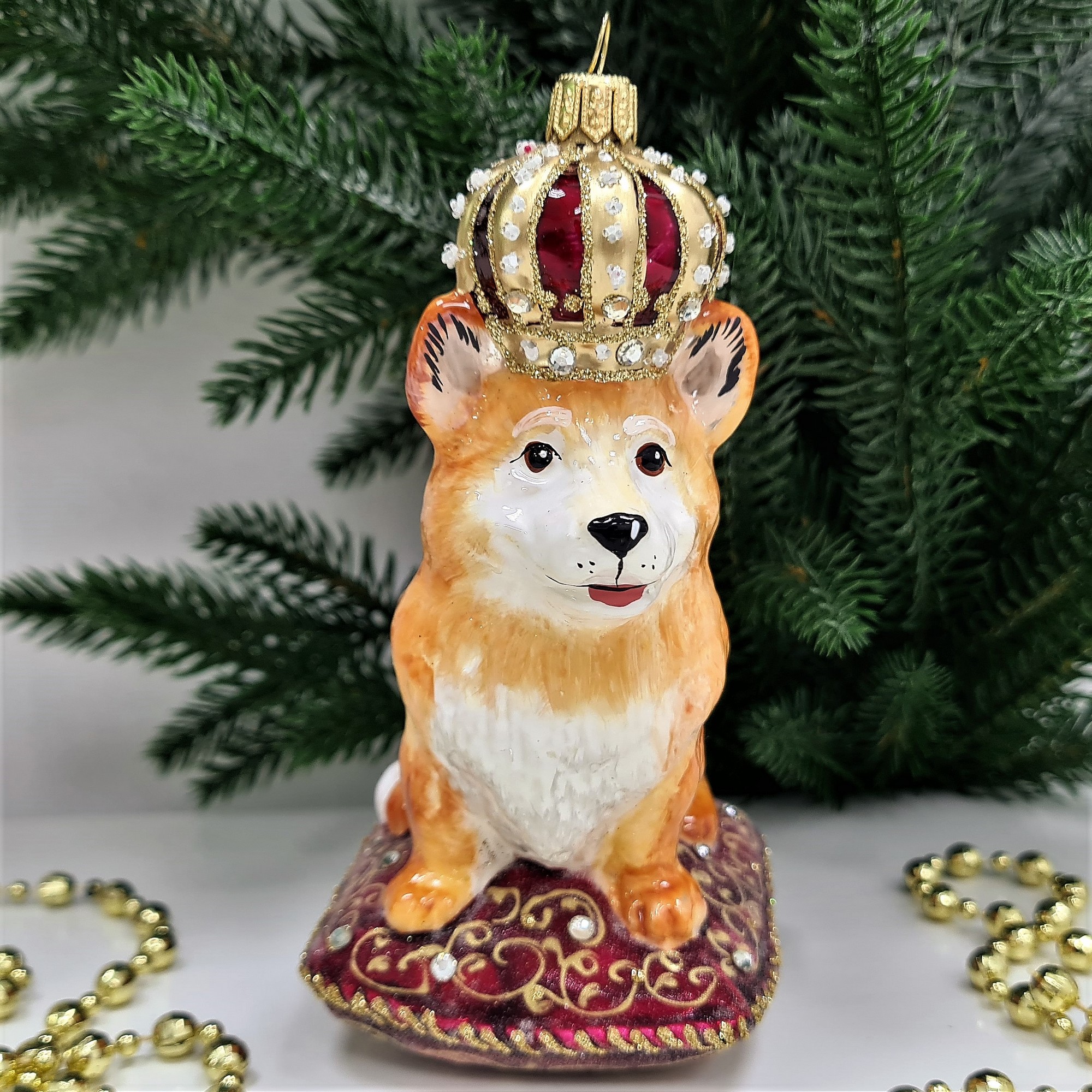 фото Стеклянная елочная игрушка Корги в короне