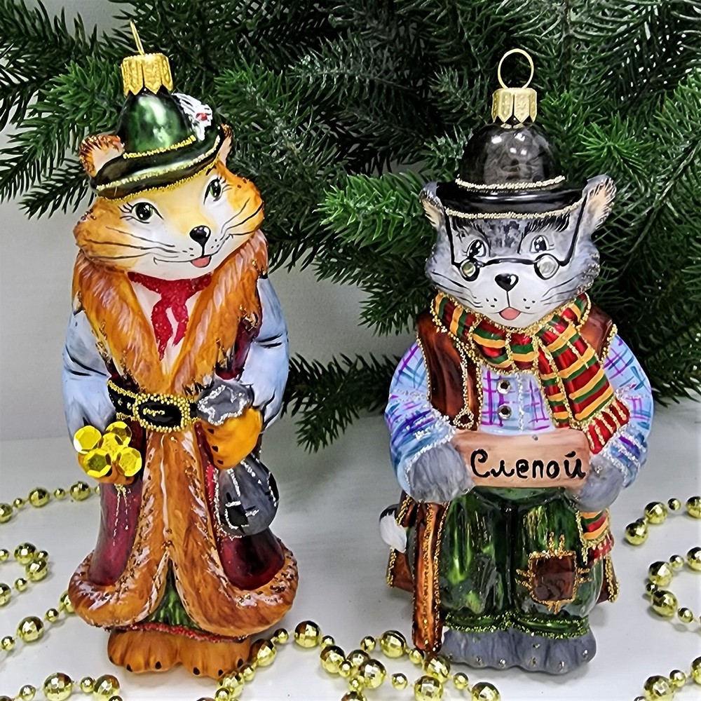 фото Набор стеклянных ёлочных игрушек Кот и лиса