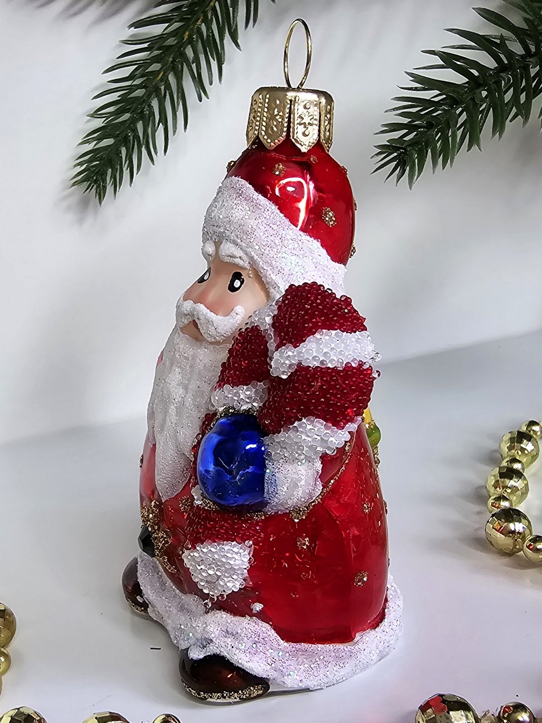 фото Стеклянная елочная игрушка Санта с посохом