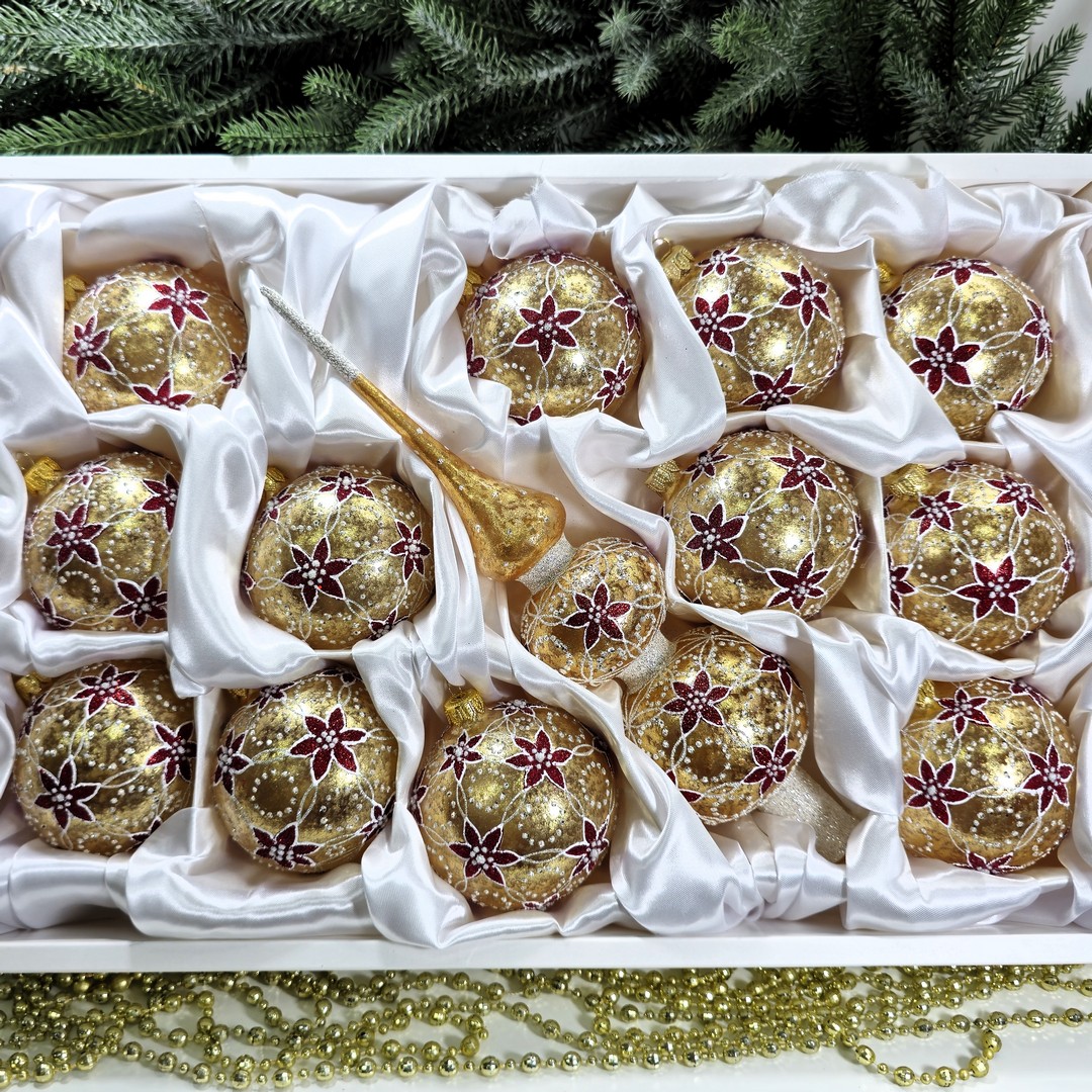 фото Набор елочных игрушек Цветы на золоте