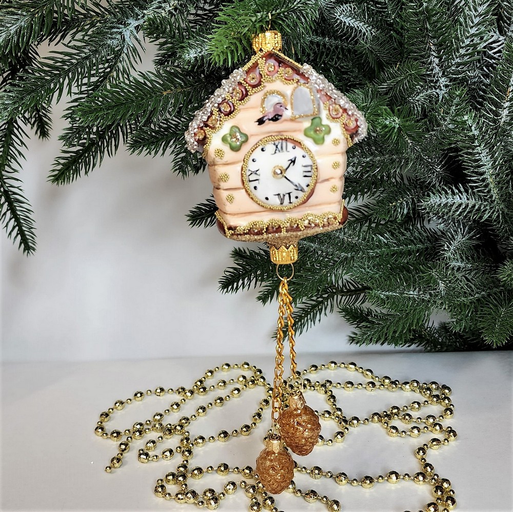 фото Стеклянная елочная игрушка Часы с кукушкой винтаж