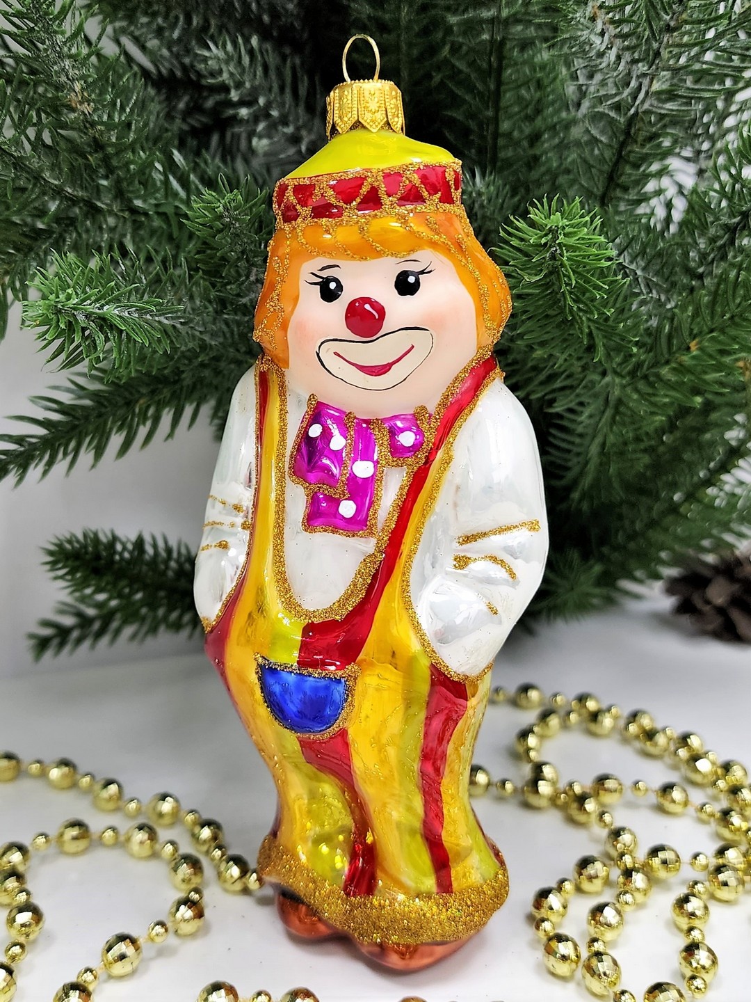 фото Стеклянная елочная игрушка Клоун с бантом