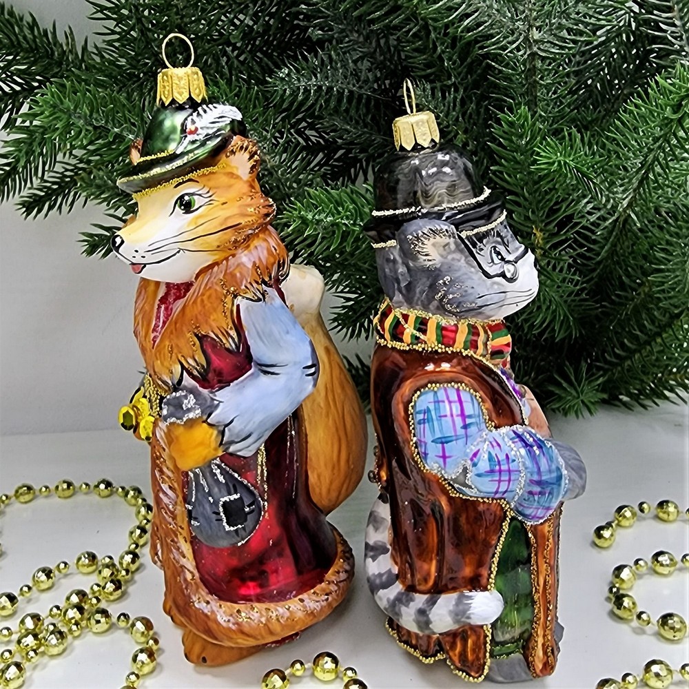 фото Набор стеклянных ёлочных игрушек Кот и лиса