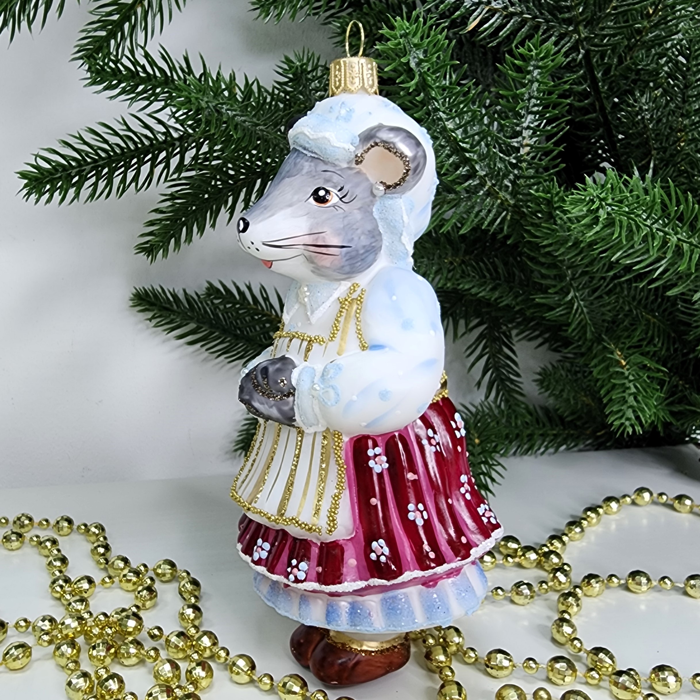 фото Стеклянная елочная игрушка Мышка Хозяйка