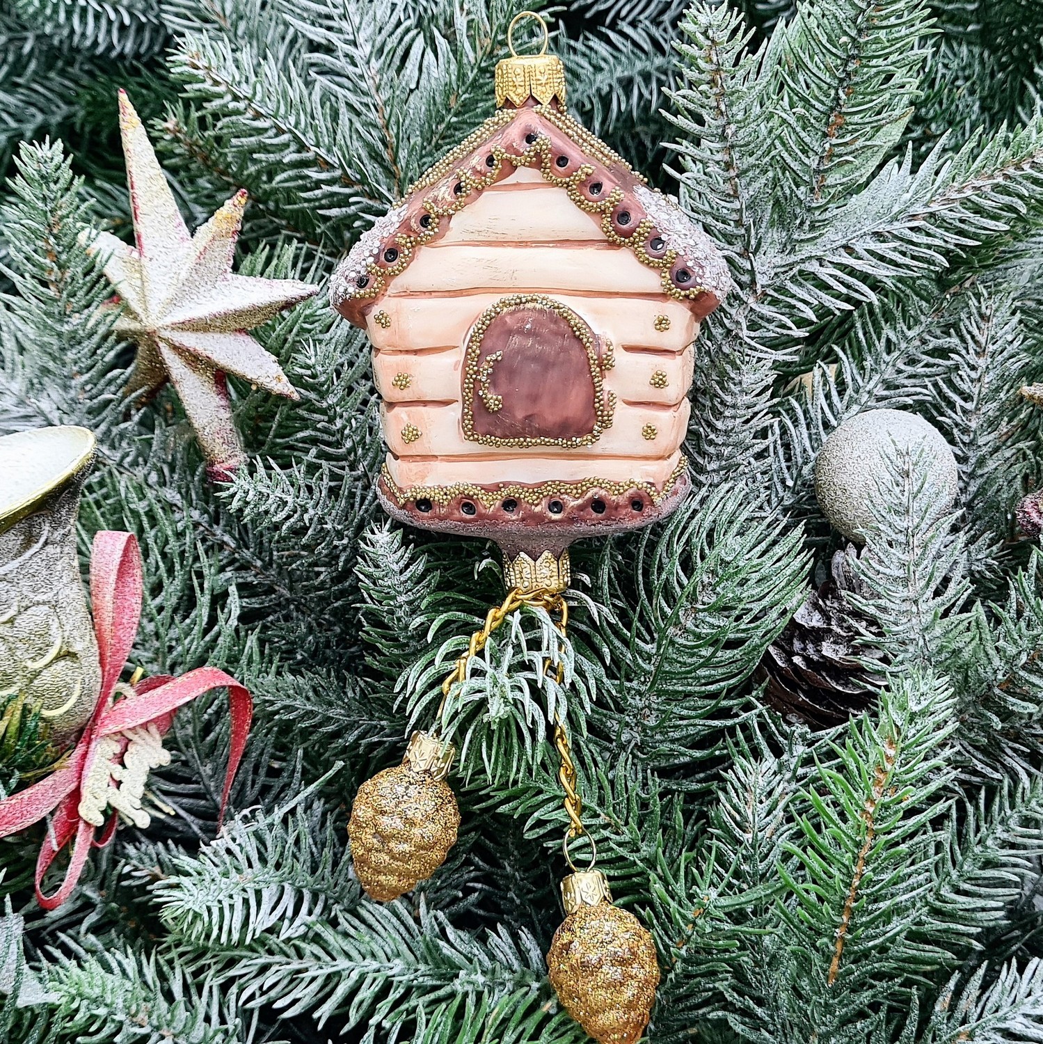 фото Стеклянная елочная игрушка Часы с кукушкой винтаж