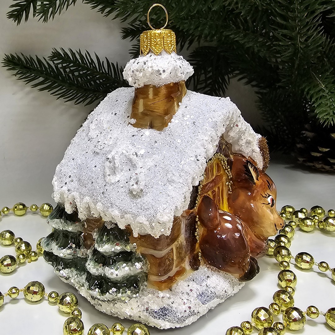 фото Стеклянная елочная игрушка Домик с олененком