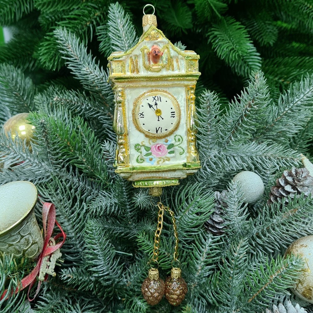 фото Стеклянная елочная игрушка Часы с кукушкой большие Версаль