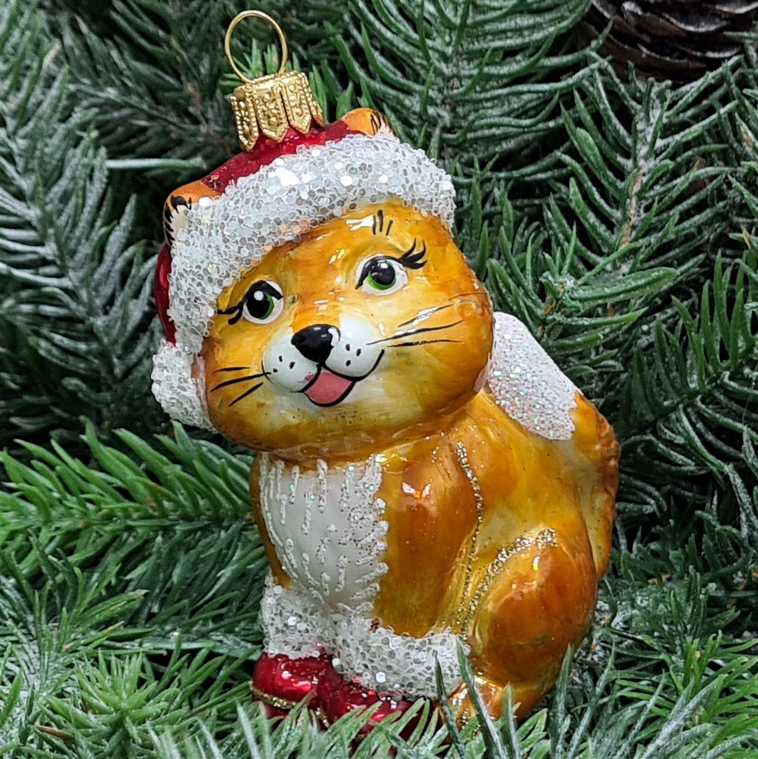 фото Стеклянная елочная игрушка Котенок Санта
