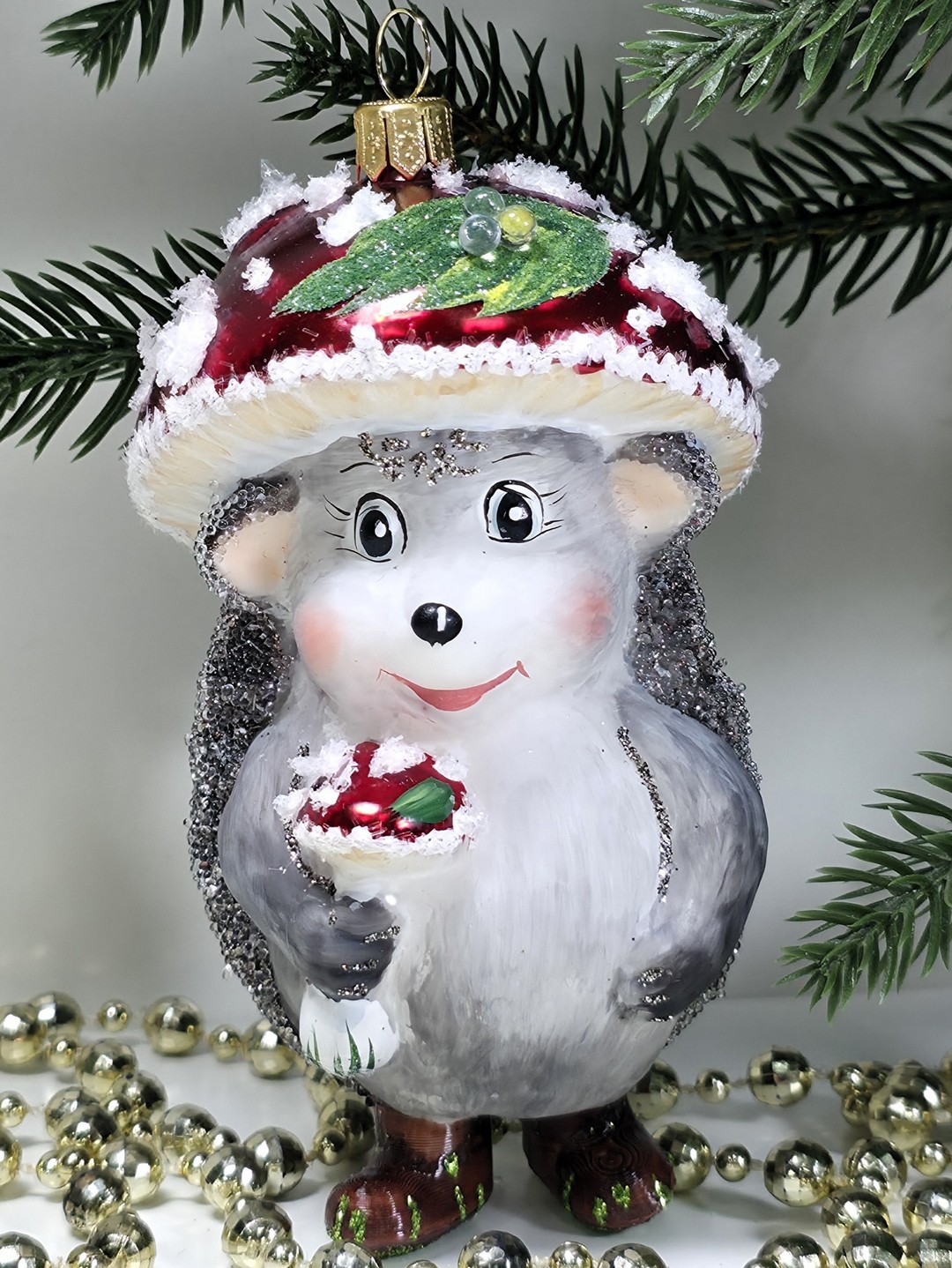 фото Стеклянная елочная игрушка Ежик грибок мухомор