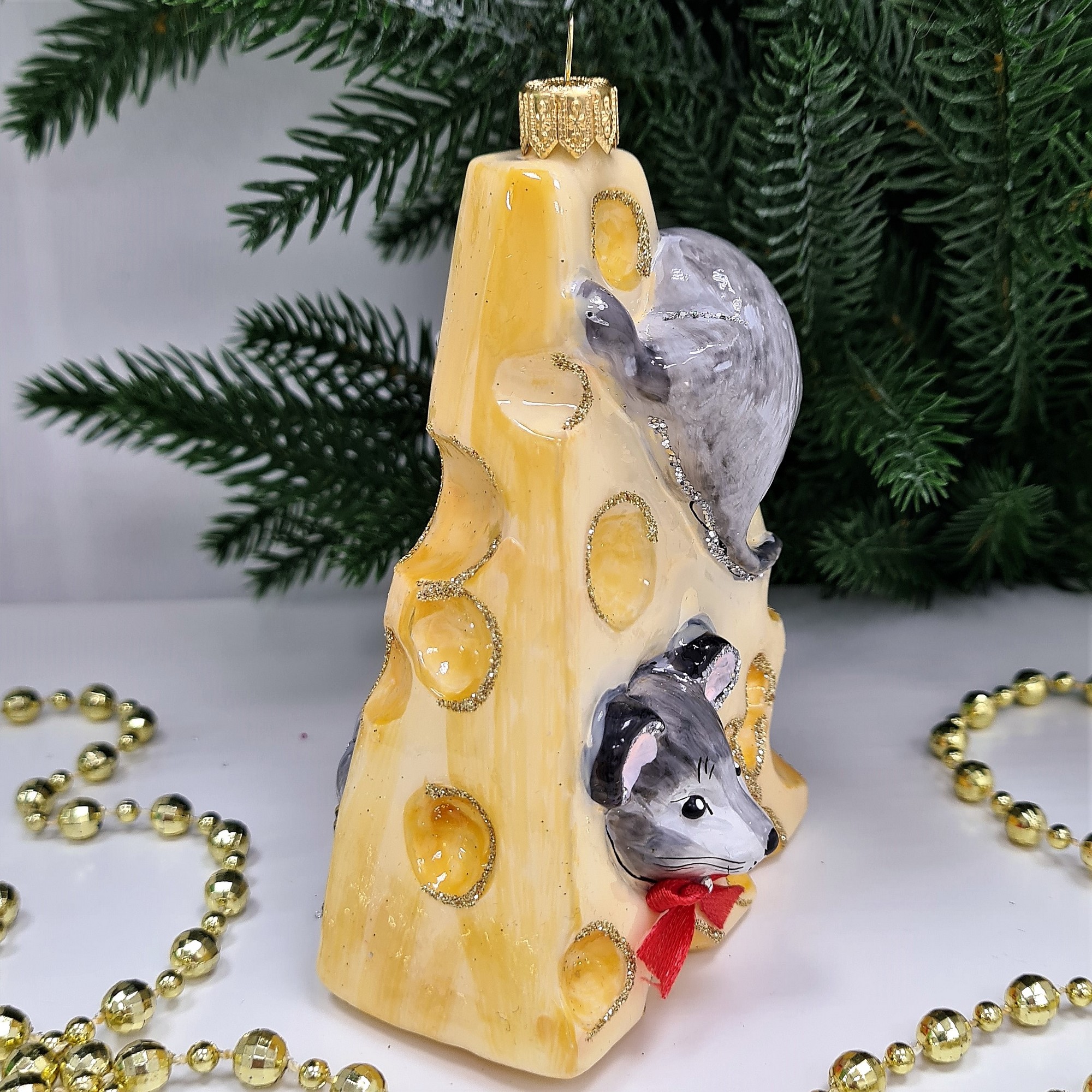 фото Стеклянная елочная игрушка Мышки в сыре