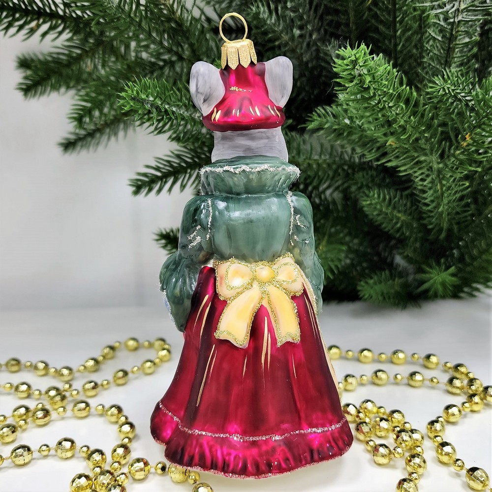 фото Стеклянная елочная игрушка Зайчиха с чайником бордо