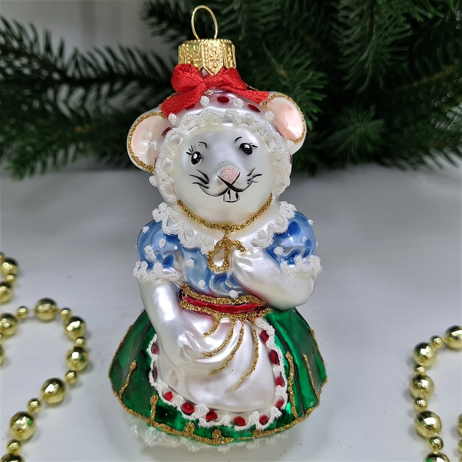 фото Стеклянная елочная игрушка Мышка Хозяйка