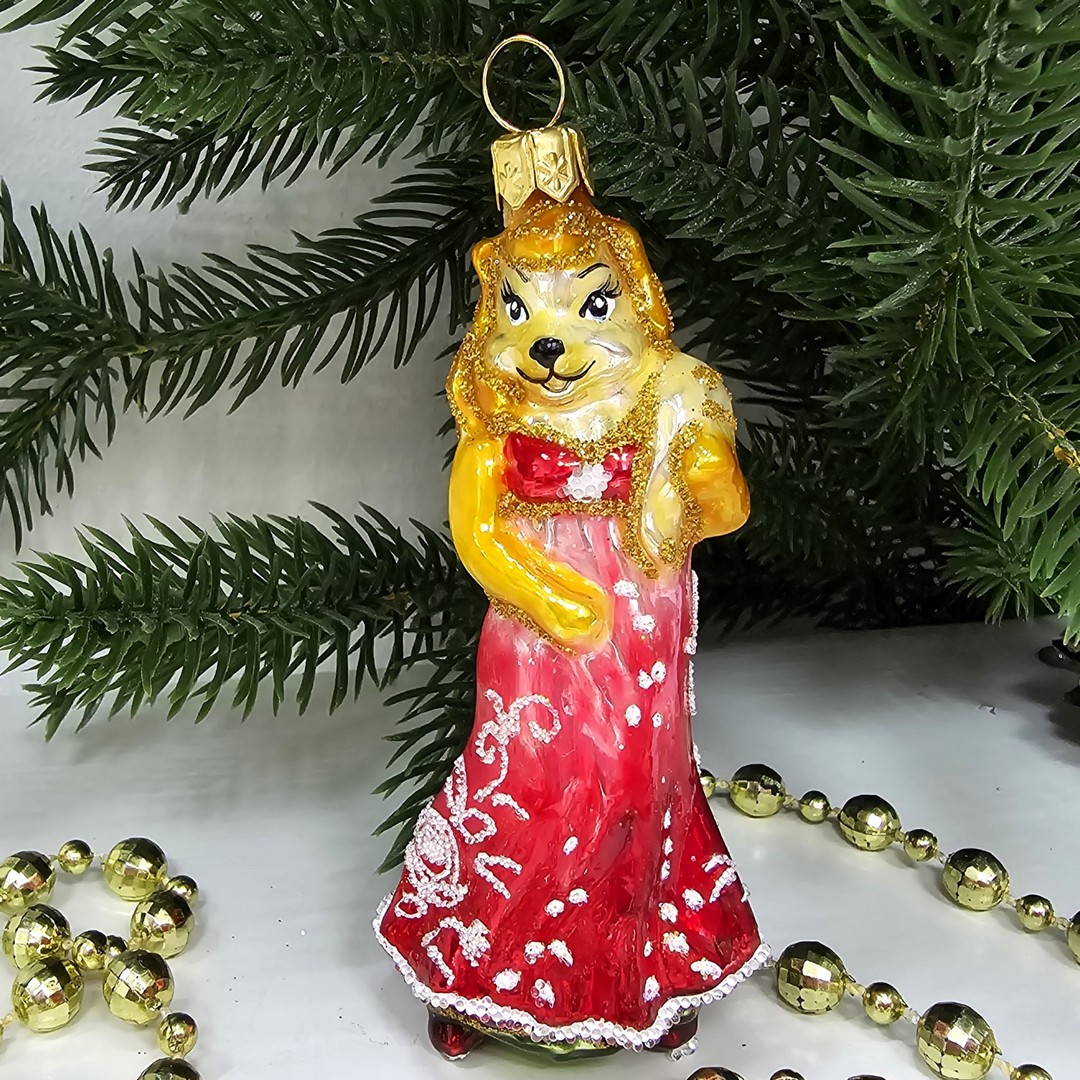 фото Стеклянная елочная игрушка Лиса в платье малая
