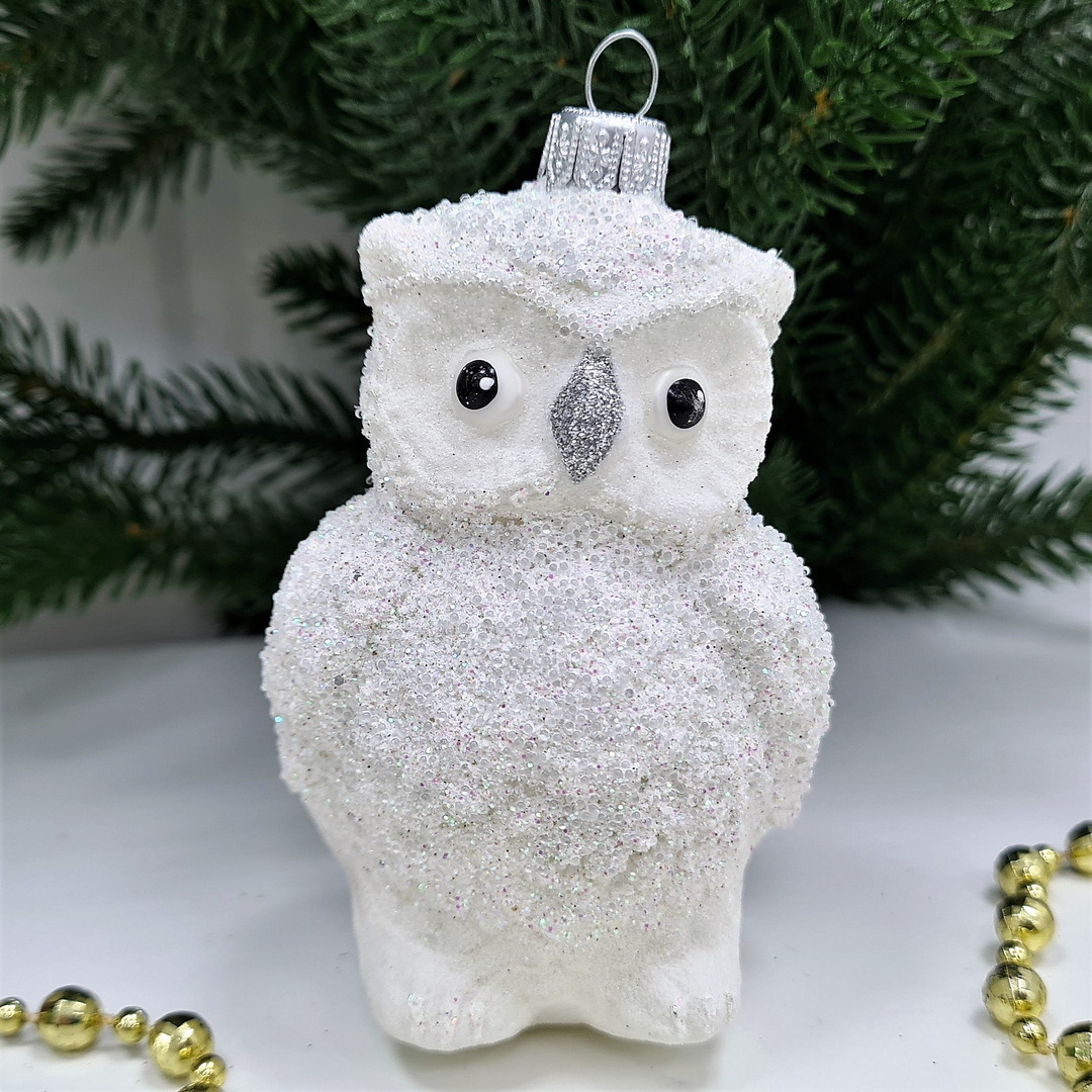 фото Стеклянная елочная игрушка Сова белая