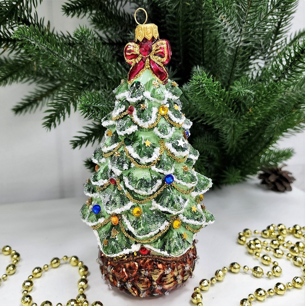 фото Стеклянная елочная игрушка Елка с совой и звездой