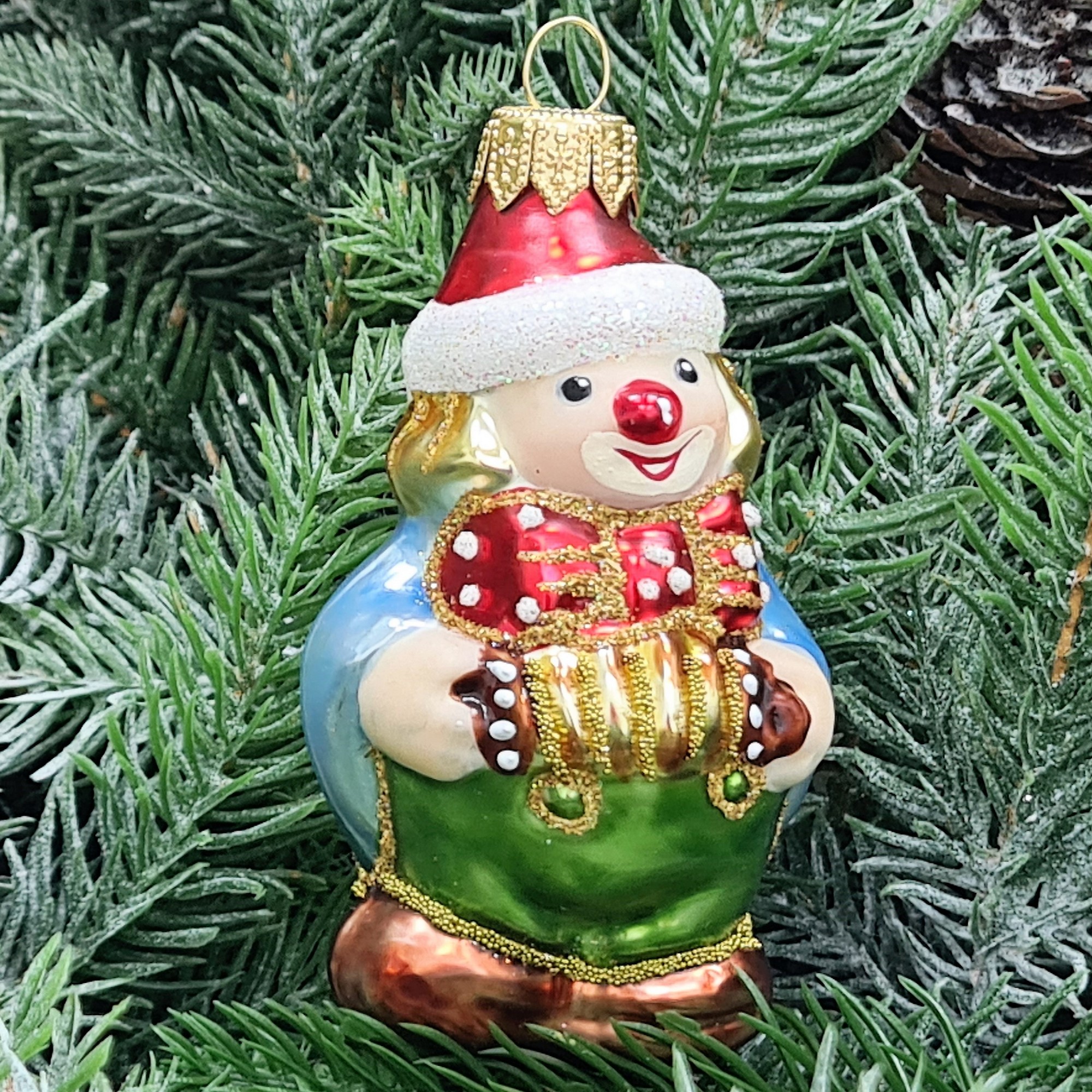 фото Стеклянная елочная игрушка Клоун с гармошкой