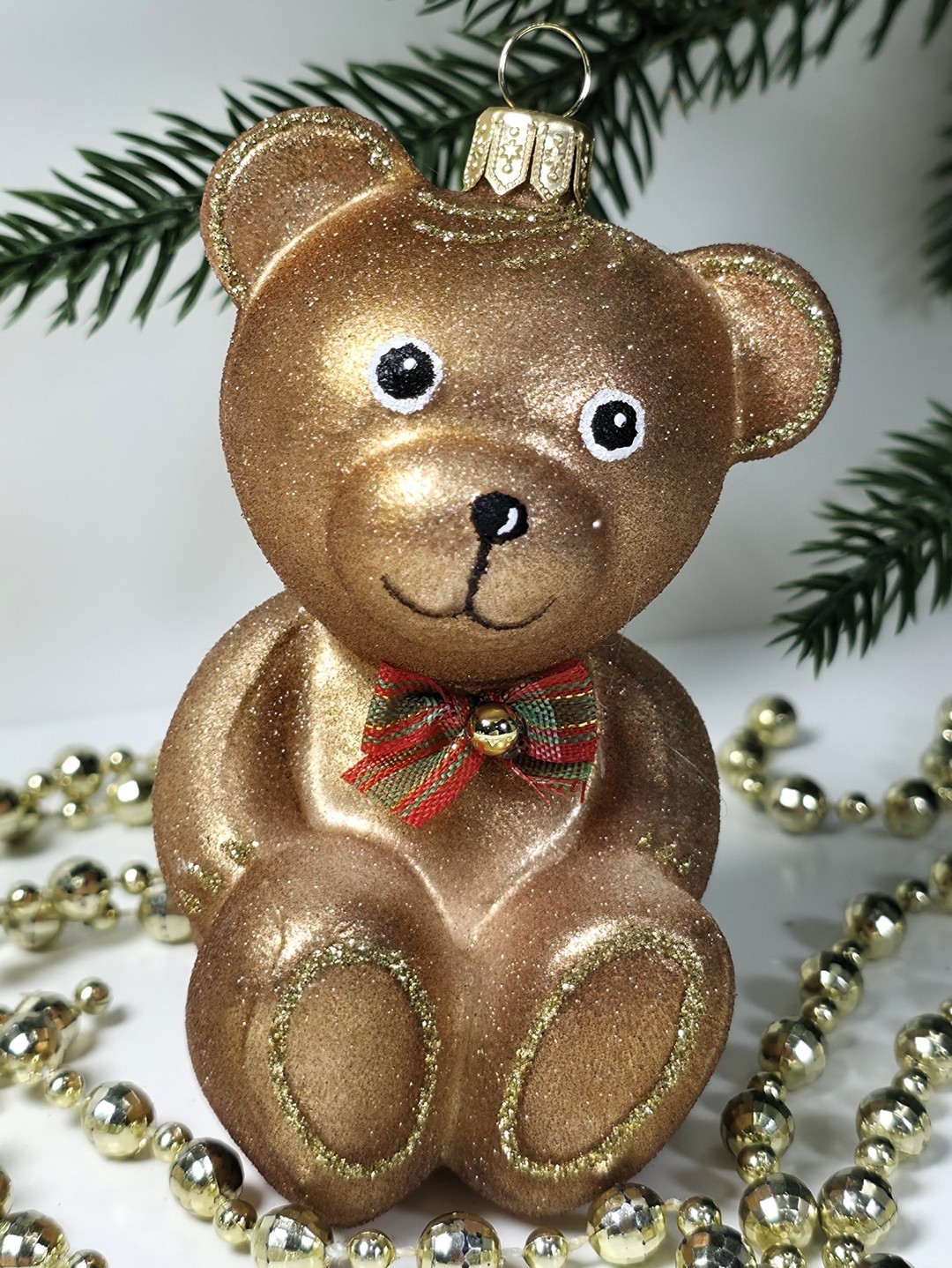 фото Стеклянная елочная игрушка Мишка с бантом