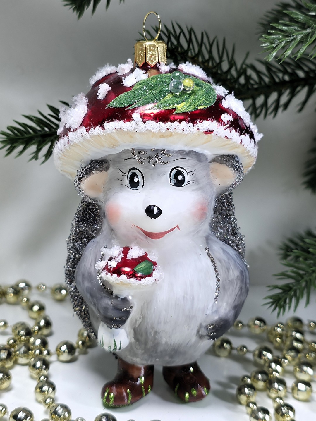 фото Стеклянная елочная игрушка Ежик грибок мухомор